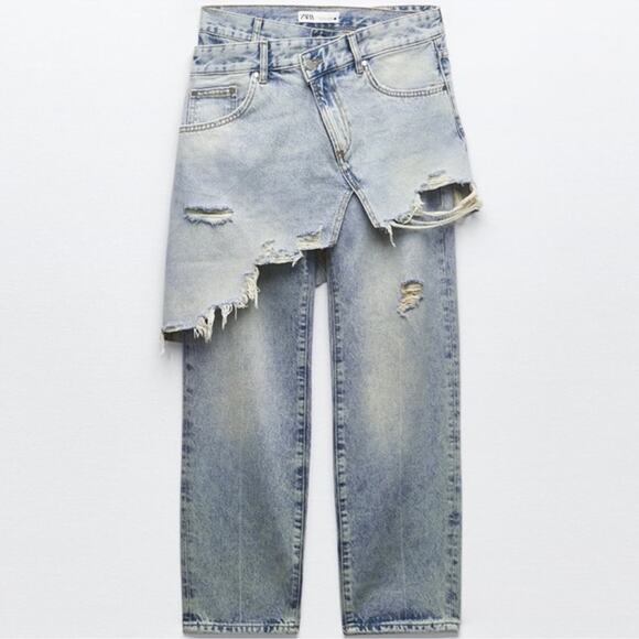 ZARA SIZE 6 SKIRT OVER JEANS COMBO STRAIGHT LEG MID RISE Y2K BLUE 6840/091 - Picture 1 of 13